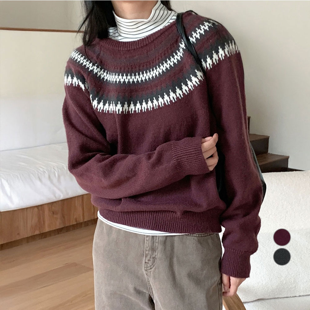 아피나르 여성용 폭닥 헤어리얀 페어 아일 자카드 스웨터 BURGUNDY FREE