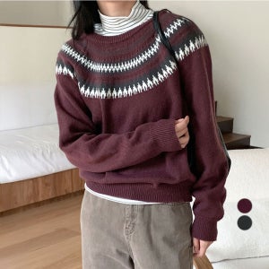 아피나르 여성용 폭닥 헤어리얀 페어 아일 자카드 스웨터  BURGUNDY  FREE