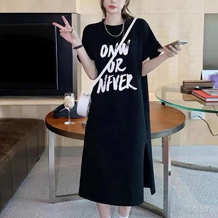 동탄 미시룩 여성 귀여운 캐주얼 영문 레터링 롱 트임 반팔 원피스 등하원룩 맘 편의점 마실룩 동네 데일리 예쁜 홀복 꾸안꾸 신도시  그레이-FREE(XL)