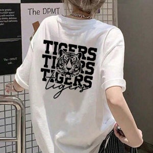 캐주얼 루즈핏 흰색 반팔 티셔츠, 호랑이 머리 프린트. , 야외 활동, 뮤직 페스티벌, 파티에 완벽하며 친구를 위한 창의적인 선물로 좋습니다.