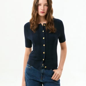 TOMMY HILFIGER WOMEN 골드 버튼 케이블 크루넥 가디건 T22G6KCD030WT2C1G