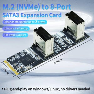 8포트 M.2 PCIe 3.0 X2 - SATA 확장 카드 6Gb/s SATA 어댑터 NCQ 핫스왑(2.5/3.5’ HDD/SSD용) Windows/Linux 호환