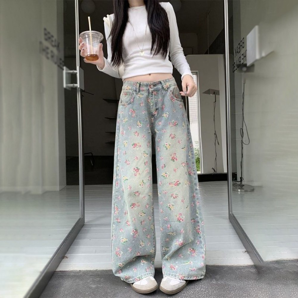 TIRA 여성용 와이드 플라워 프린트 데님팬츠 하이웨스트 여름 캐주얼 청바지 트렌디 사진색