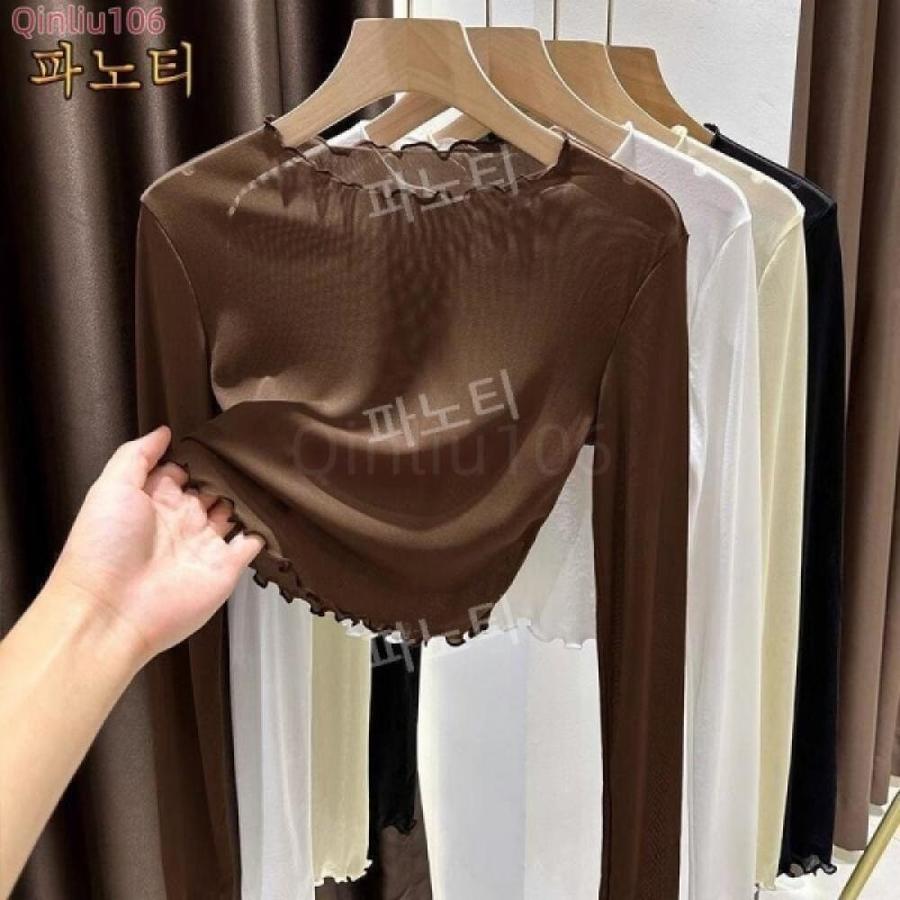 해피유통 여성 시스루 메쉬 긴팔 티셔츠 크롭핏 이너 레이어드 상의 M
