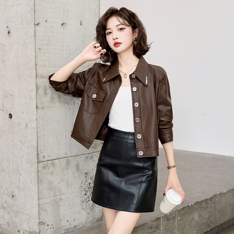 여자 가죽 자켓 크롭 숏 짧은 레더 재킷 캐쥬얼 코트 카라 간절기 갈색 버튼 단추