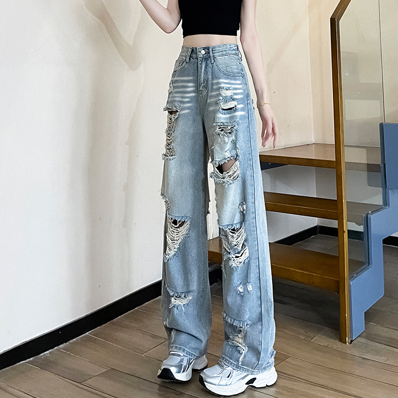 Makone여성 여름용 루즈핏 찢어진 데님 와이드 팬츠 캐주얼fshsfg 연청색 긴바지 XS