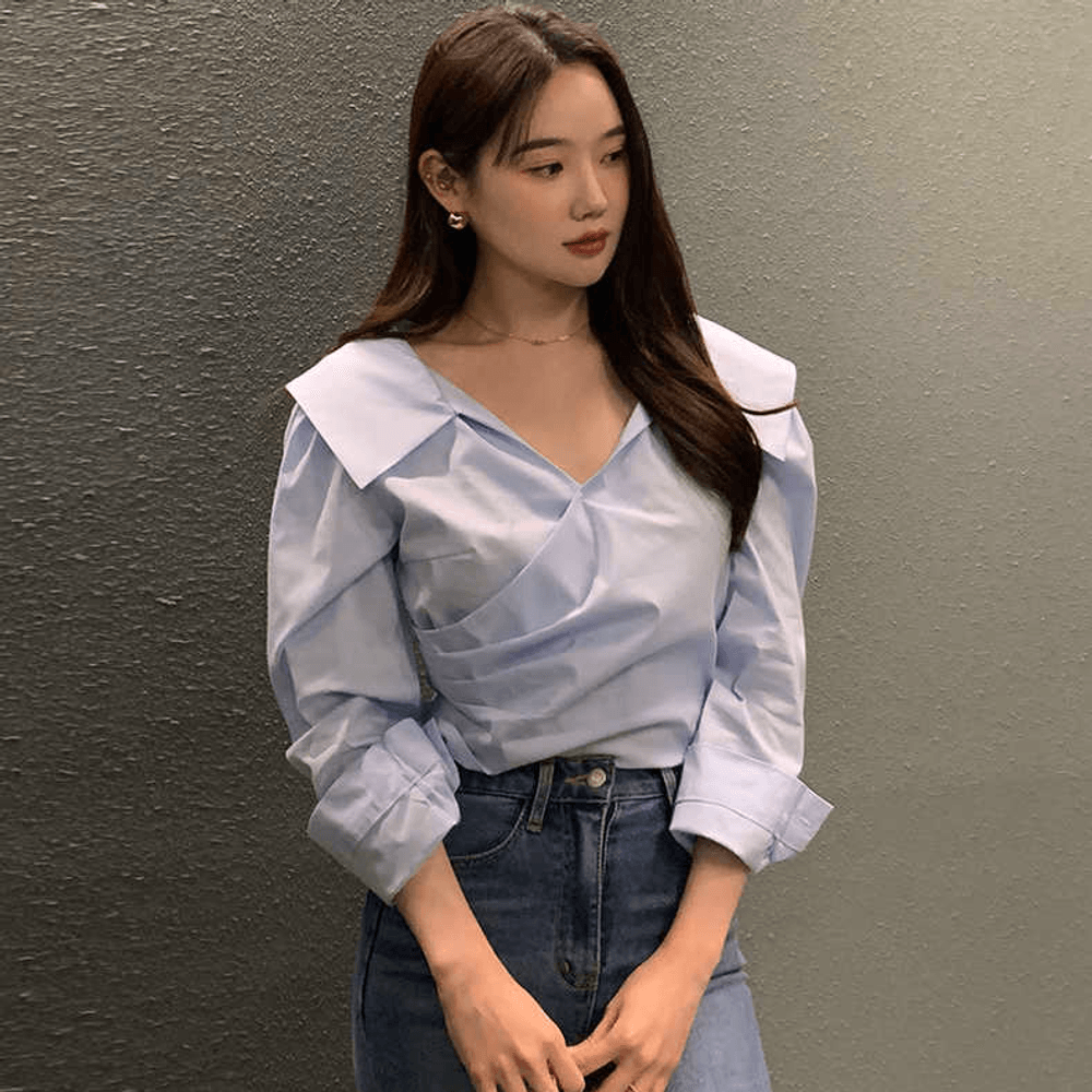 포딘블라우스 화이트 셔링 드레이프 랩 셔츠