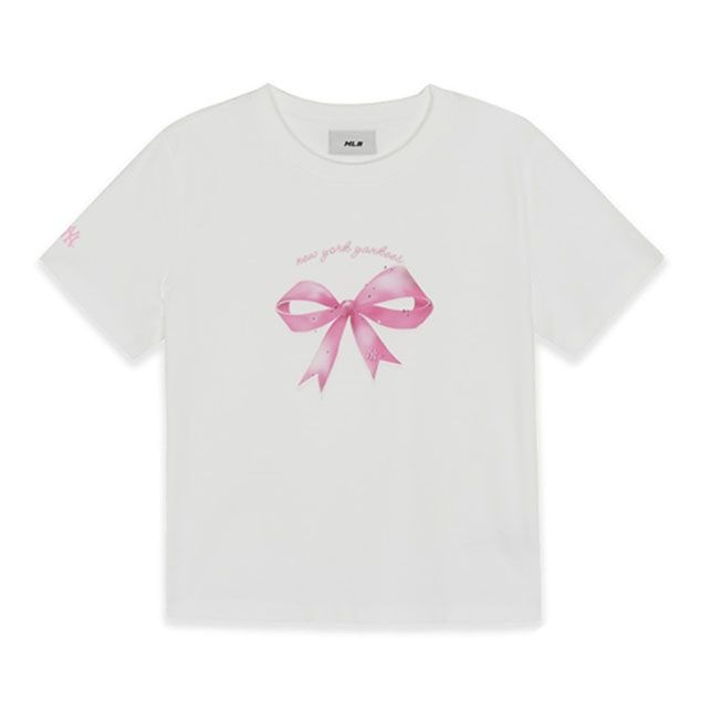 MLB 리본 슬림 세미 크롭 반팔 티셔츠 3FTSN6863