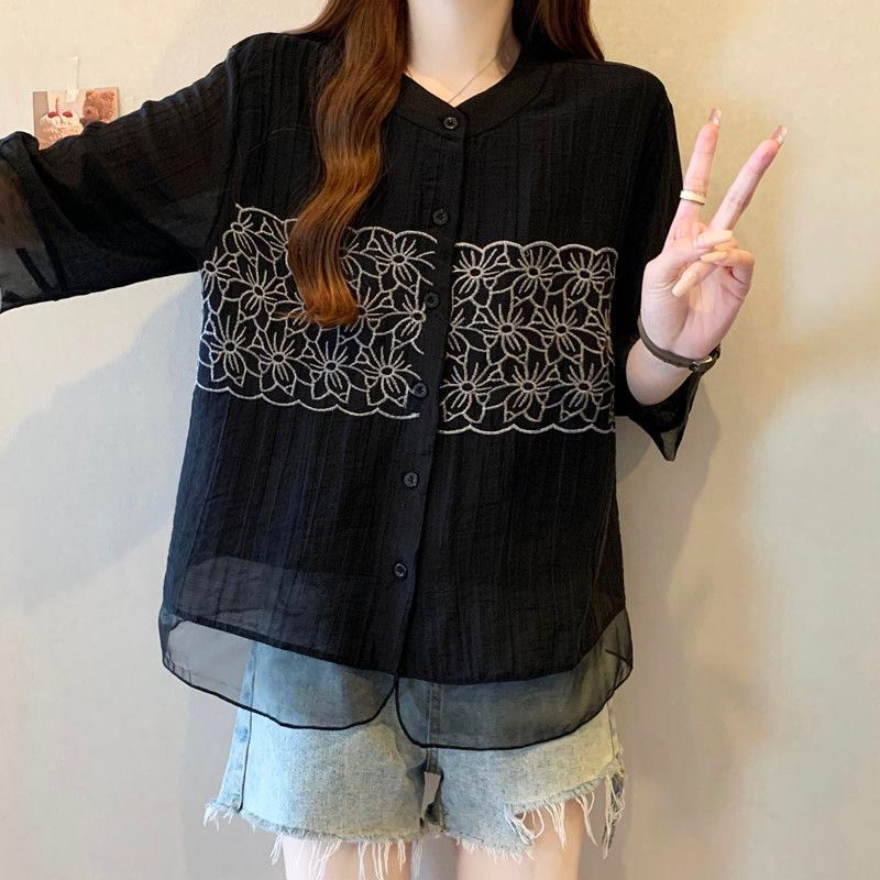 조안스 여성 셔츠 자수 릴렉스핏 여름 반팔 상의 빅 사이즈  블랙  3XL
