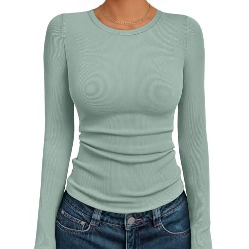 AUTOMET Women’s Ribbed Long Sleeve Basic Top - Soft Stretch Crewneck Shirt for Work & Casual Sage M