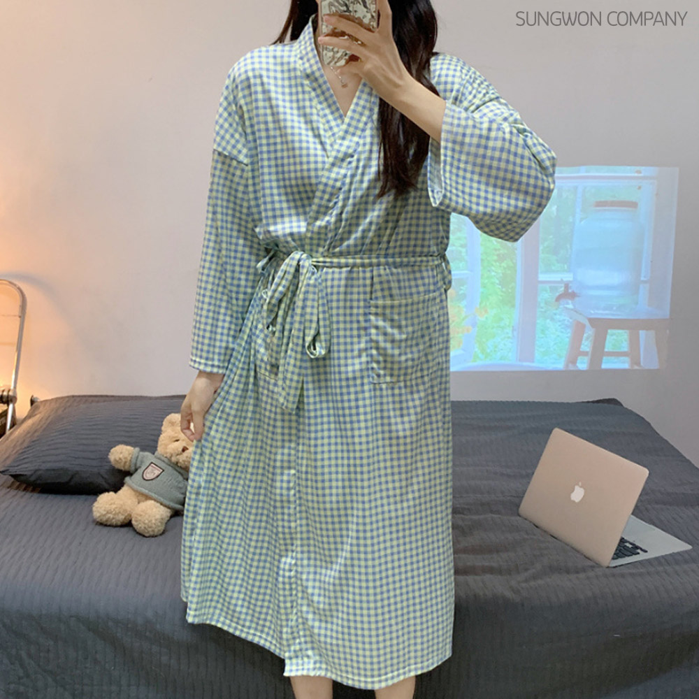 이너퀸 프리수 사계절 롱 체크 로브 가운 호텔 샤워 빅사이즈 루즈핏 주머니 끈 잠옷 긴팔 가운미니체크 M 옐로우+블루체크