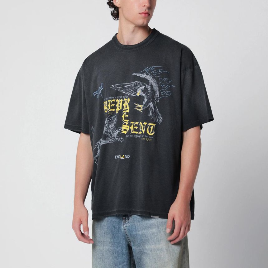 리프리젠트 남성 티셔츠 면 원단 워시 블랙 MLM101188CO Black faded T shirt with Eagle logo print 157367411