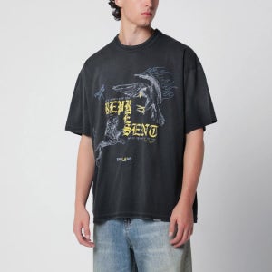 리프리젠트 남성 티셔츠 면 원단 워시 블랙 MLM101188CO Black faded T shirt with Eagle logo print 157367411