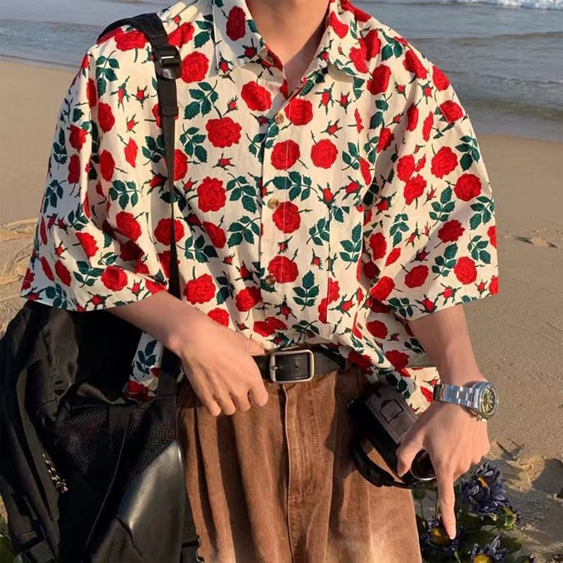 besteffie 하와이안 셔츠 여성용 꽃무늬 반팔 셔츠 봄여름 캐주얼 루즈핏 패션 면 셔츠 E28 레드 S