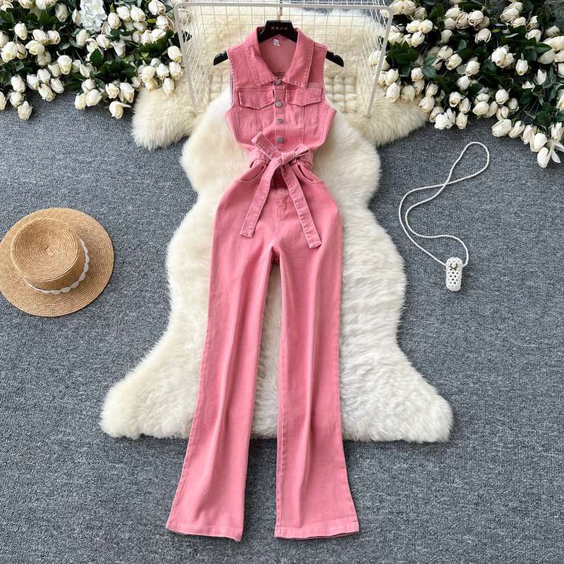 데님 점프수트 청 바지 멜빵 데일리 민소매 여자 팬츠 오버롤 overalls M 핑크