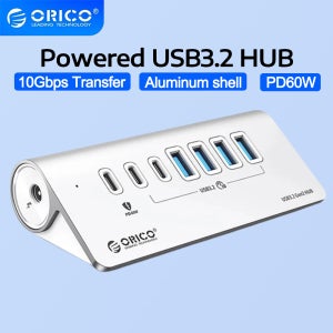 ORICO 10Gbps USB 3.2 허브 슈퍼스피드 파워드 PD60W 충전기 4/7 포트 타입 C 스플리터 알루미늄, 맥북 PC용 전원 어댑터 포함
