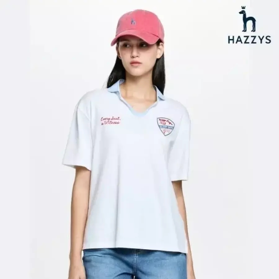 헤지스레이디스 루즈핏 오픈카라 반팔 폴로 셔츠 HSTS6B406