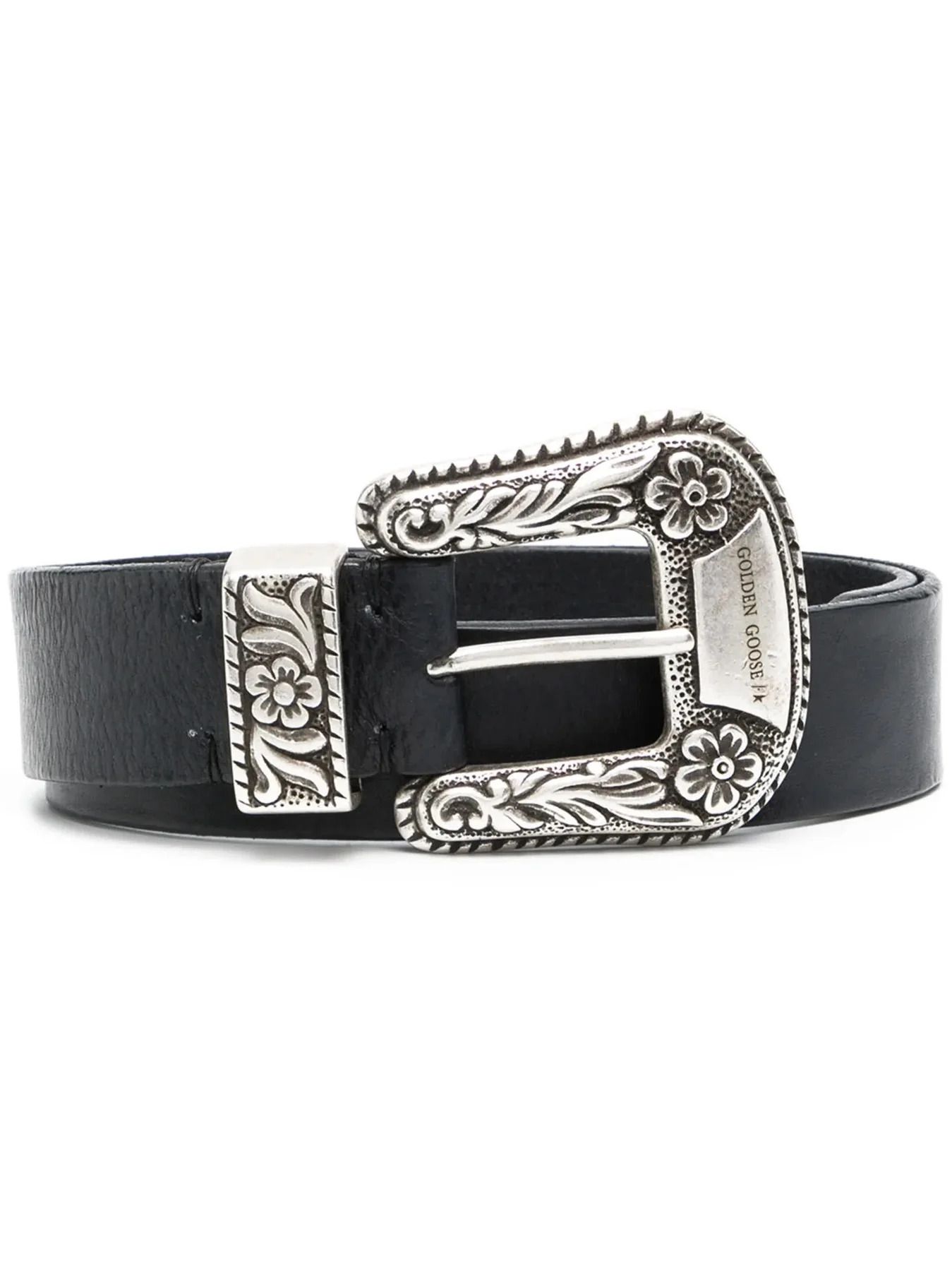 골든구스 여성 블랙 가죽 서던 스타일 벨트 은색 꽃무늬 새틴 장식 실버 버클 black leather western style belt with engraved 157477873