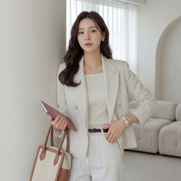 린넨 스트라이프 크롭 자켓 여성 썸머 더블 재킷 여름 데일리 출근룩 하객룩 베이지