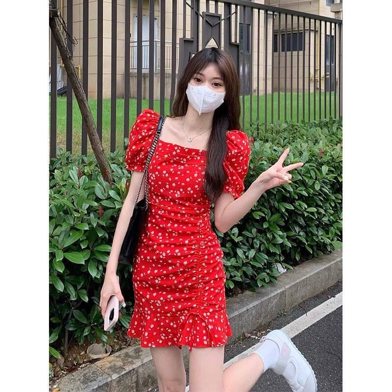 슬림소녀 미니원피스 꽃무늬 버블소매 여름 여성용 키작은 사람 적합 빨강색 M