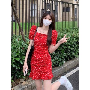 슬림소녀 미니원피스 꽃무늬 버블소매 여름 여성용 키작은 사람 적합 빨강색 M