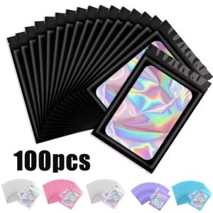 100Pcs 홀로그램 지 플락 가방 플라스틱 레이저 무지개 빛깔의 우편 가방 매니큐어 속눈썹 디스플레이 귀걸이 반지 보석 보관 가방