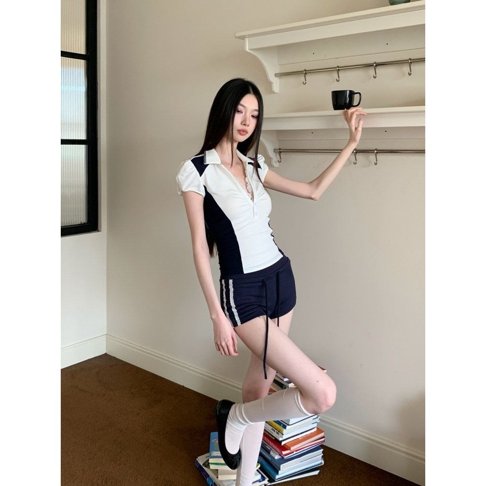 여자 여름 져지 티셔츠 코디 레이스 패치 폴로넥 슬림핏 티셔츠 캐주얼 여성 반팔 상의 JXH 화이트 M
