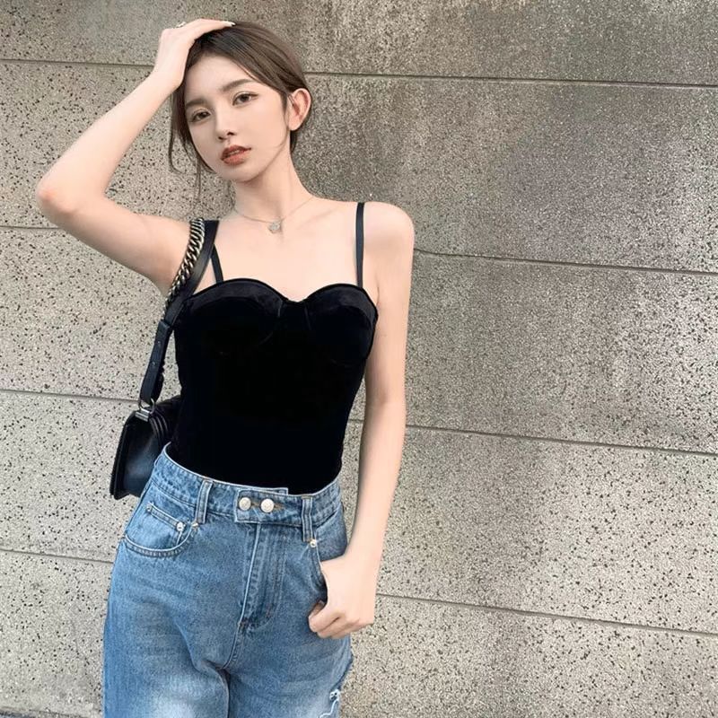 빛나는 판다여성 캡내장 이너 나시 벨벳 끈나시 브라탑 캐미솔빛나는 판다 블랙 XL