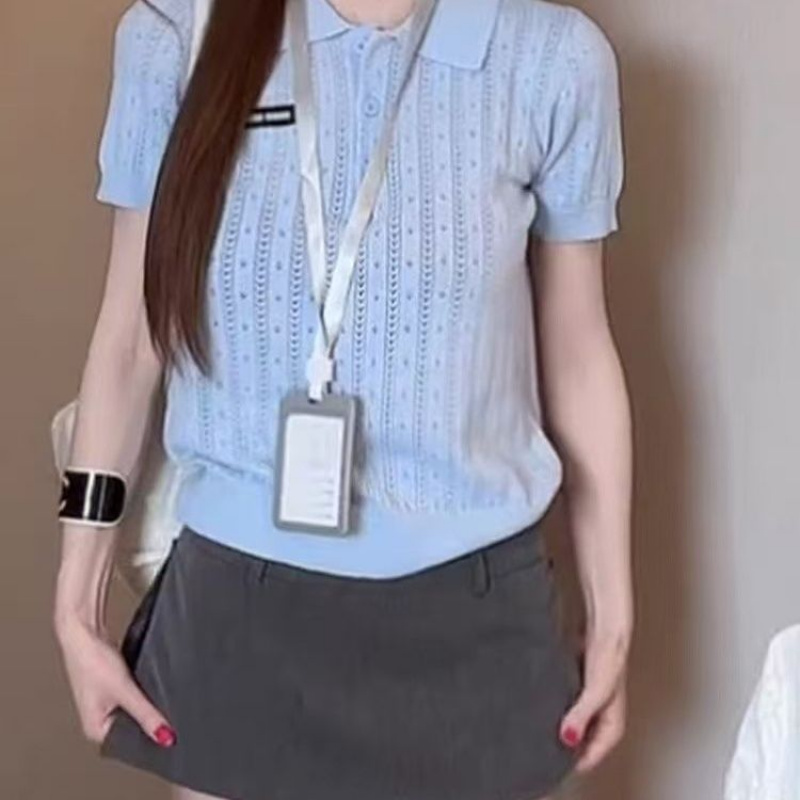 해피유통 여성 여름 폴로카라 스카시 반팔 니트 티셔츠 크롭핏 슬림해 보이는 상의 M 하늘색 M