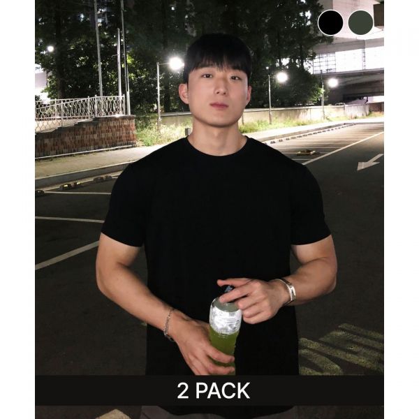 국내당일khaki 카키 GRADO 2 PACK 팩 솔리드 머슬드 레귤러핏 반팔 티셔츠 (블랙/딥그린카키)