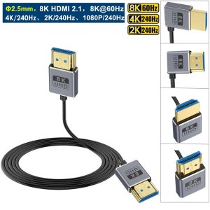 동축 HDMI 8K HDMI 2.1 케이블, 초고속 48Gbps, 초박형 HDMI 코드 Φ2.5mm, 8K@60Hz, 4K@240Hz, 동적 HDR, eARC