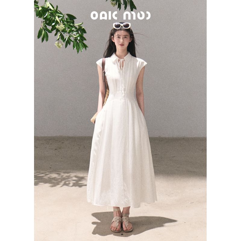 OAKMOO 플리츠원피스 린넨 셔츠 여성 여름 하객룩 칼라넥 A라인 화이트 L