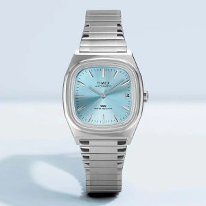 타이맥스 오토매틱 1983E 34mm E라인 스테인레스 스틸 익스펜션 밴드 워치 스카이 블루 실버 TW2Y07300