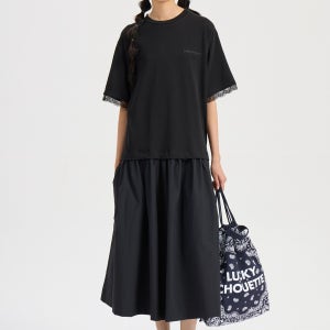 [럭키슈에뜨]Sleeve Lace Patch Jersey Woven Dress (black) 블랙 LFDAX26030BKX