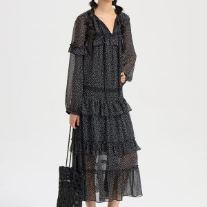 [럭키슈에뜨]Round Neck Frill Dot Long Dress (black) 블랙 LFDAX26060BKX