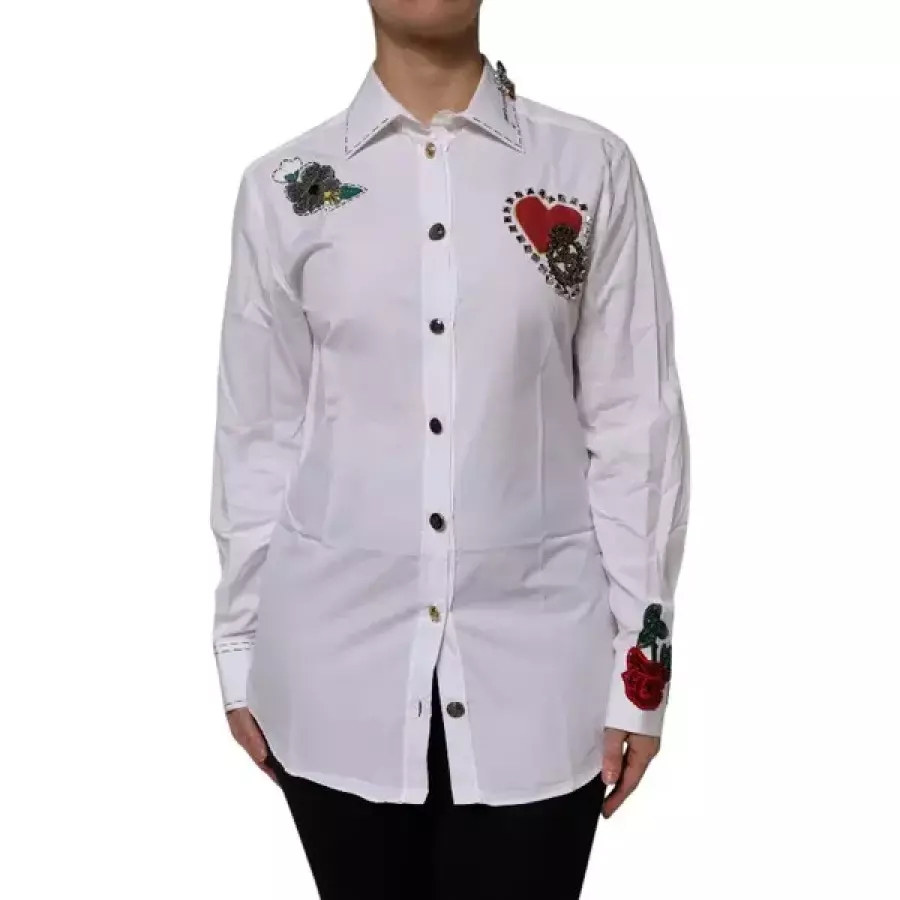 돌체앤가바나 여성 긴팔 카라 셔츠 화이트 Cotton Floral Embellished Top 082913 남방