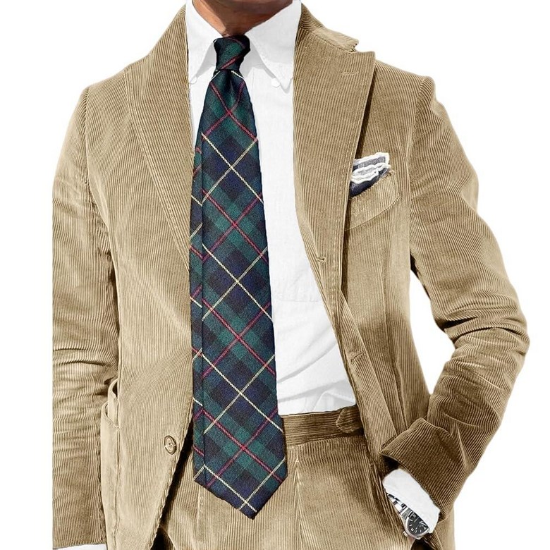 Beige Suit for Men Corduroy Casual Retro Blazer Slim Fit Formal 2 Pieces Wedding Prom Grooms Tuxed