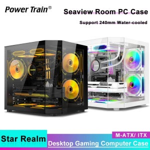 파워 트레인 스타 렐름 M-ATX 데스크탑 PC 케이스 3면 강화유리 파노라마 시뷰룸 기둥 없는 240 수냉식 게임 케이스
