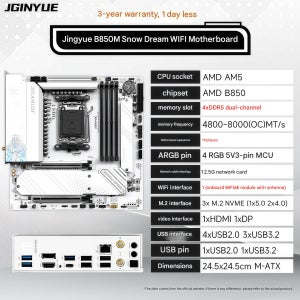 징위 B850M 스노우 드림 WIFI6E 메인보드 DDR5 게이밍 메인보드 (R7 9800X3D/9950X3D/9700X/9600X 지원, AMD B850/AM5 인터페이스)