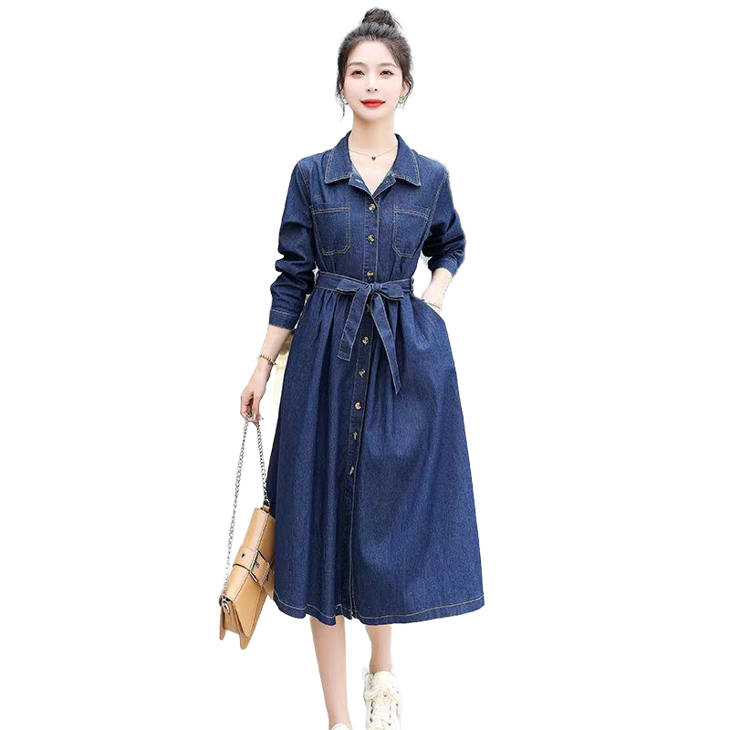 셀럽당데님 원피스 봄가을 미디 기장 셔링 셔츠 스커트 고급감 블루 XL