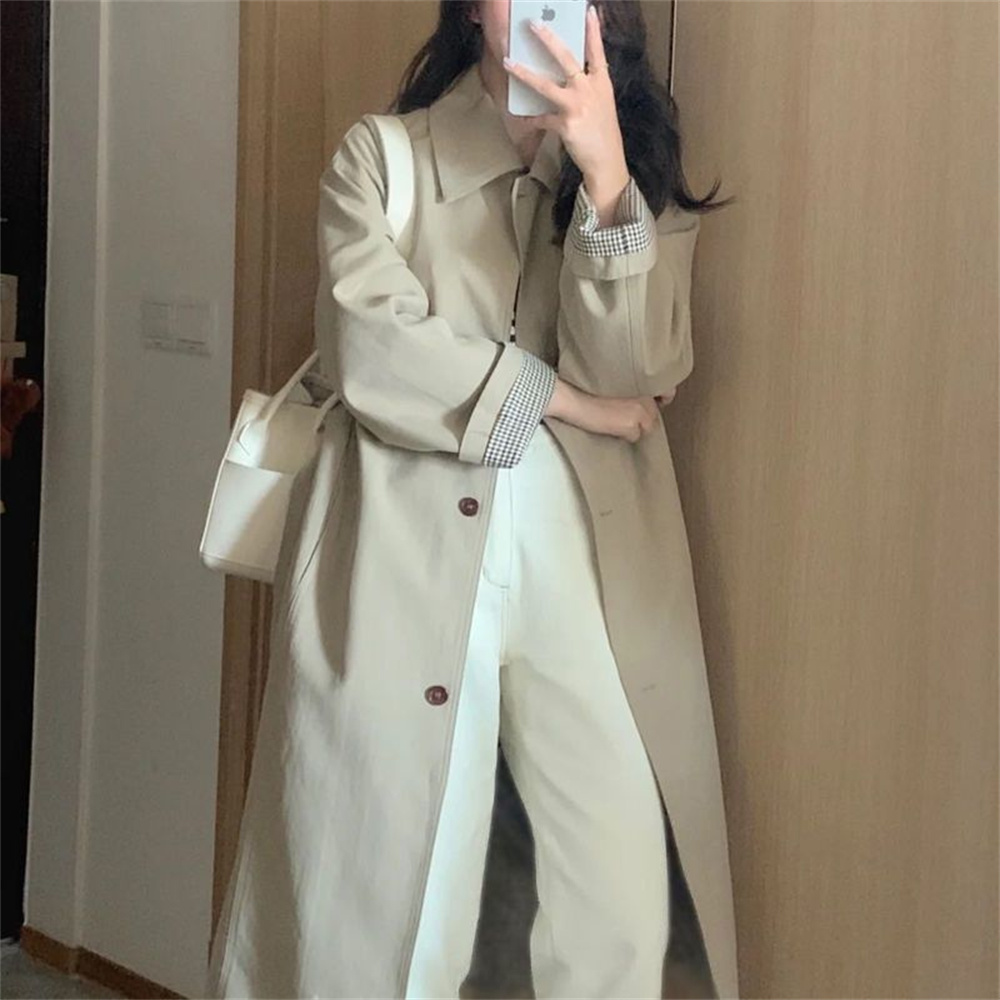 besteffie 여성 봄 가을용 롱 코트 심플한 디자인 싱글 버튼 입체장식 베이지 트렌치코트 트렌디한 스타일 K18 사진색 S