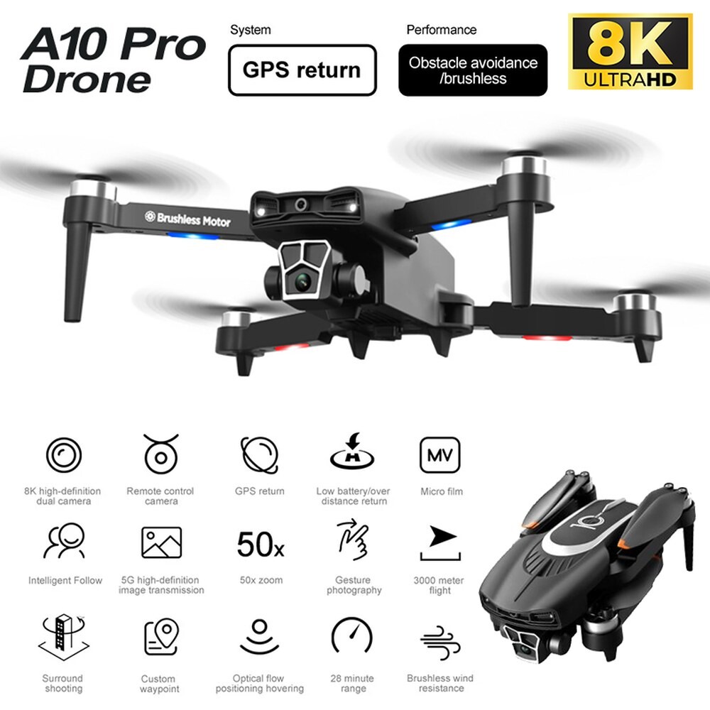 [호환] 호환 2024 새로운 A10 PRO 미니 드론 8K 전문 장애물 회피 6K DualHD 카메라 5G 브러시리스 모터 Foldable