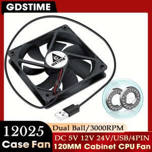 GDSTIME 120mm 팬 24V PC 케이스 팬 120MM*25MM 듀얼 볼 쿨링 팬 12CM GPU 쿨러 12V 컴퓨터 캐비닛 팬 5V USB 노트북 팬