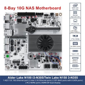 8베이 10G NAS 마더보드 인텔 i3-N300 N150 1*10G+2*2.5G LAN 포트 2*NVMe 2*SFF-8643 to 8*SATA 타입-C 방화벽 ITX 메인보드