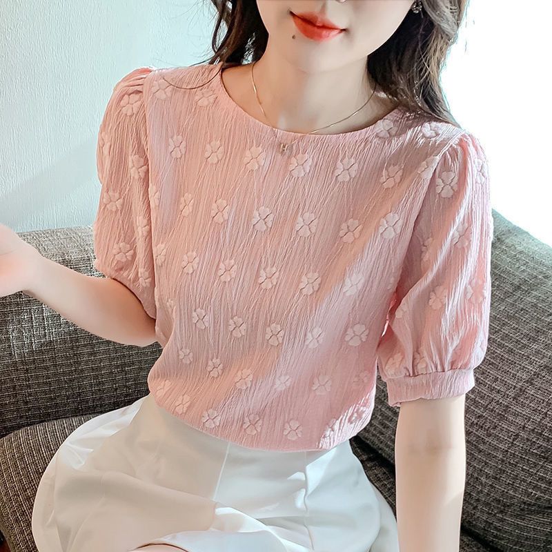 여름 여성 얇은 통기 시폰 입체 꽃 엠보 주름 텍스쳐 라운드넥 퍼프 소매 루즈핏 백색 반팔 블라우스 우아한 데일리 오피스 캐주얼 상의  핑크  3XL