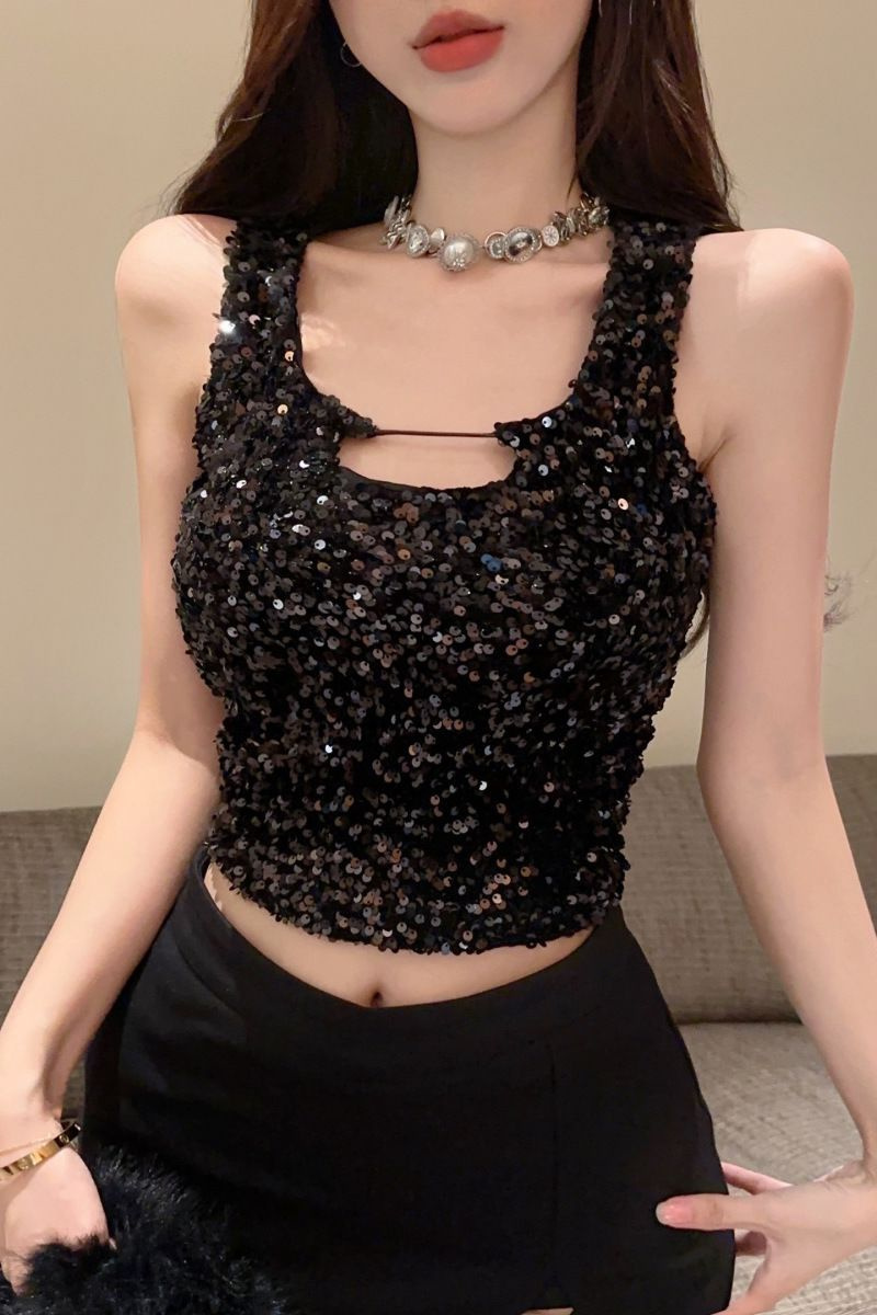 해피유통 여성 스팽글 끈나시 상의 펀칭 디자인 슬림핏 크롭 탑 S