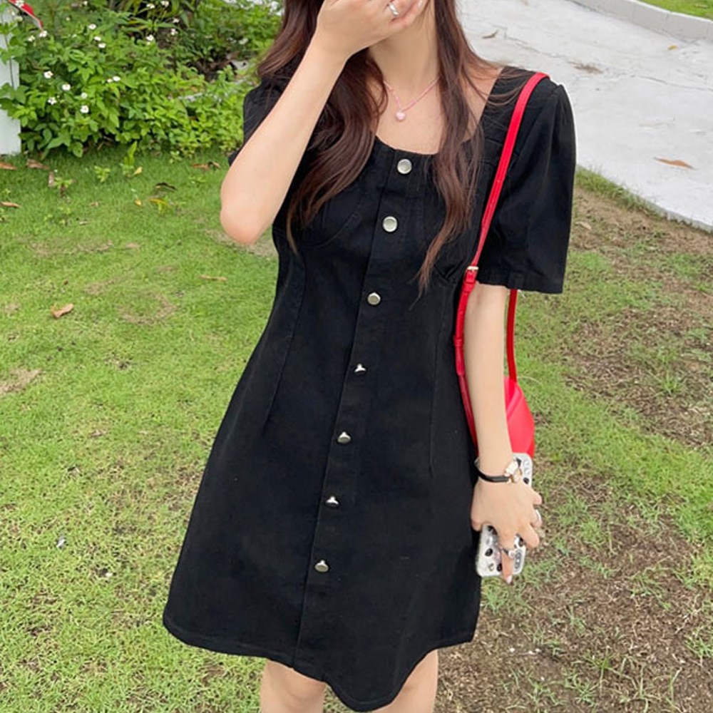 마티니 스퀘어넥 버튼업 데님 미니 원피스