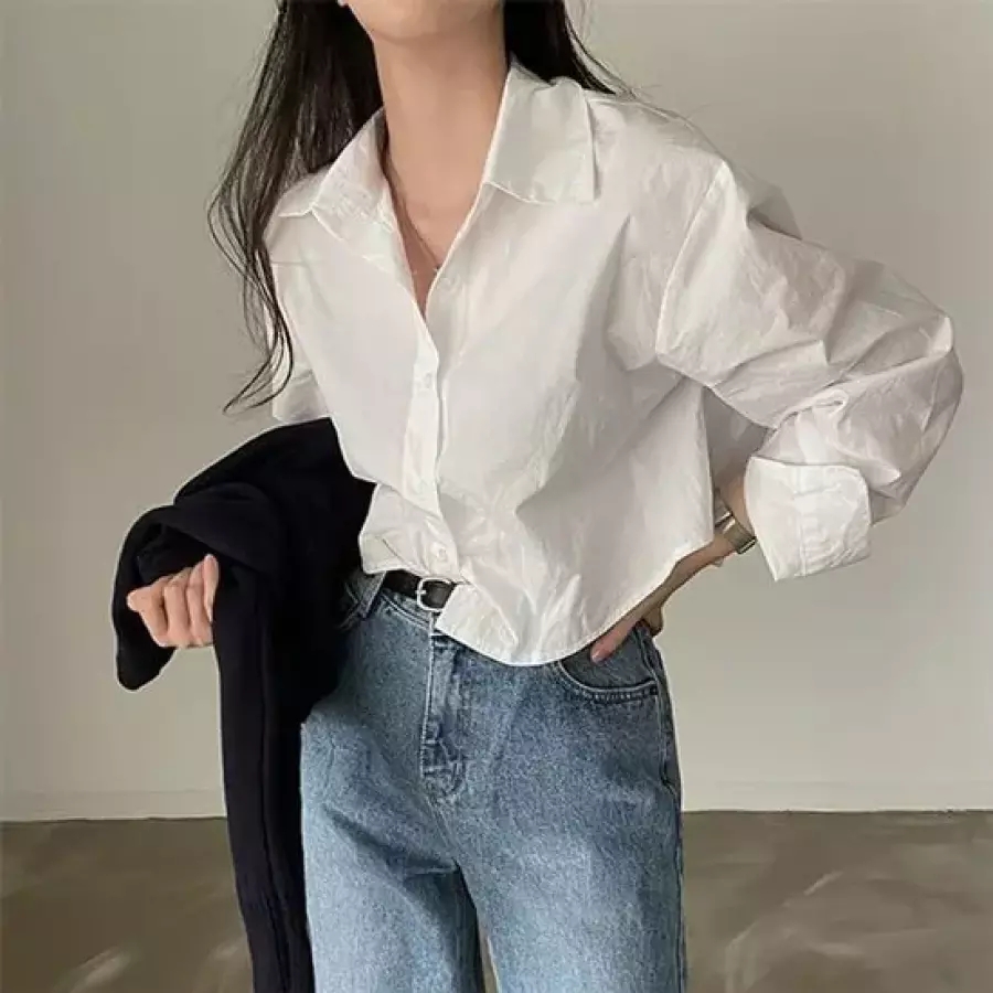 흰색 셔츠 크롭 벨트 투웨이 내추럴핏 블라우스