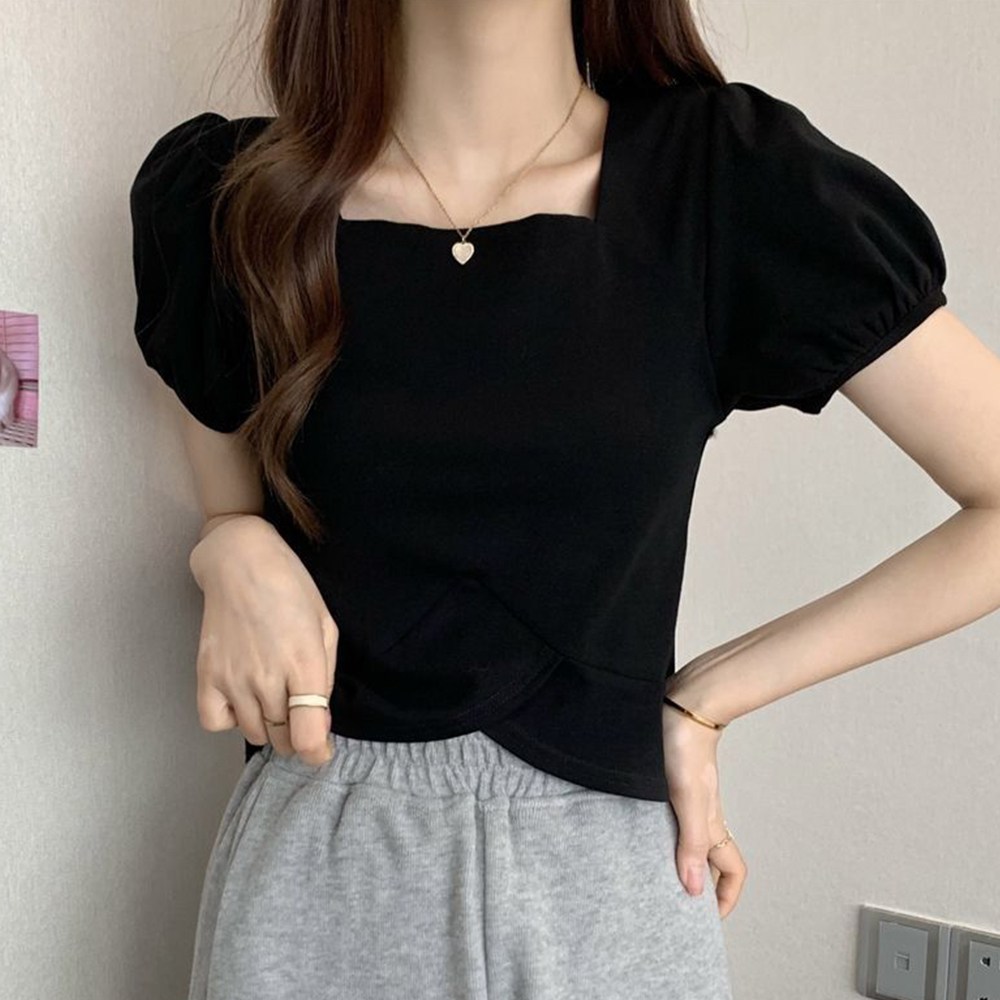 TKX 여성 스퀘어넥 퍼프소매 크롭 반팔 상의