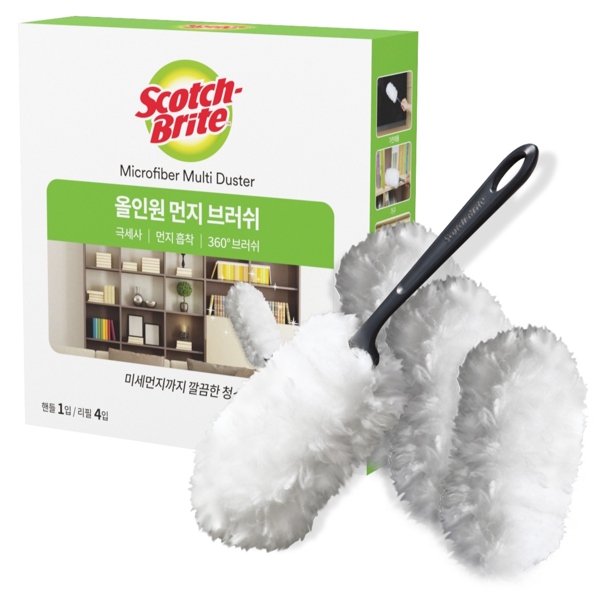스카치브라이트 올인원 먼지 브러쉬 핸들 + 리필 4입 세트, 화이트, 1세트 (3,540원) (와우무배)